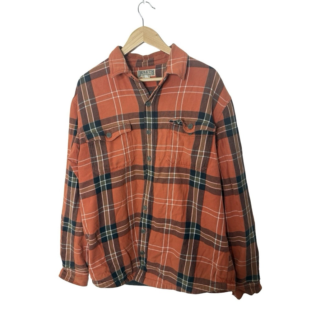 Duluth Trading Co Mens Large Tall Fleece Lined Flannel Shirt Jacket Orange Plaid